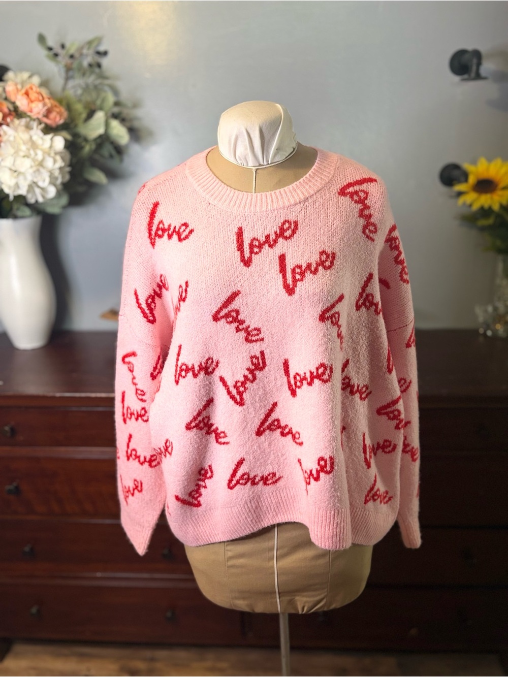 CeCe Pink Knit Crewneck Sweater with Red 'Love' Script